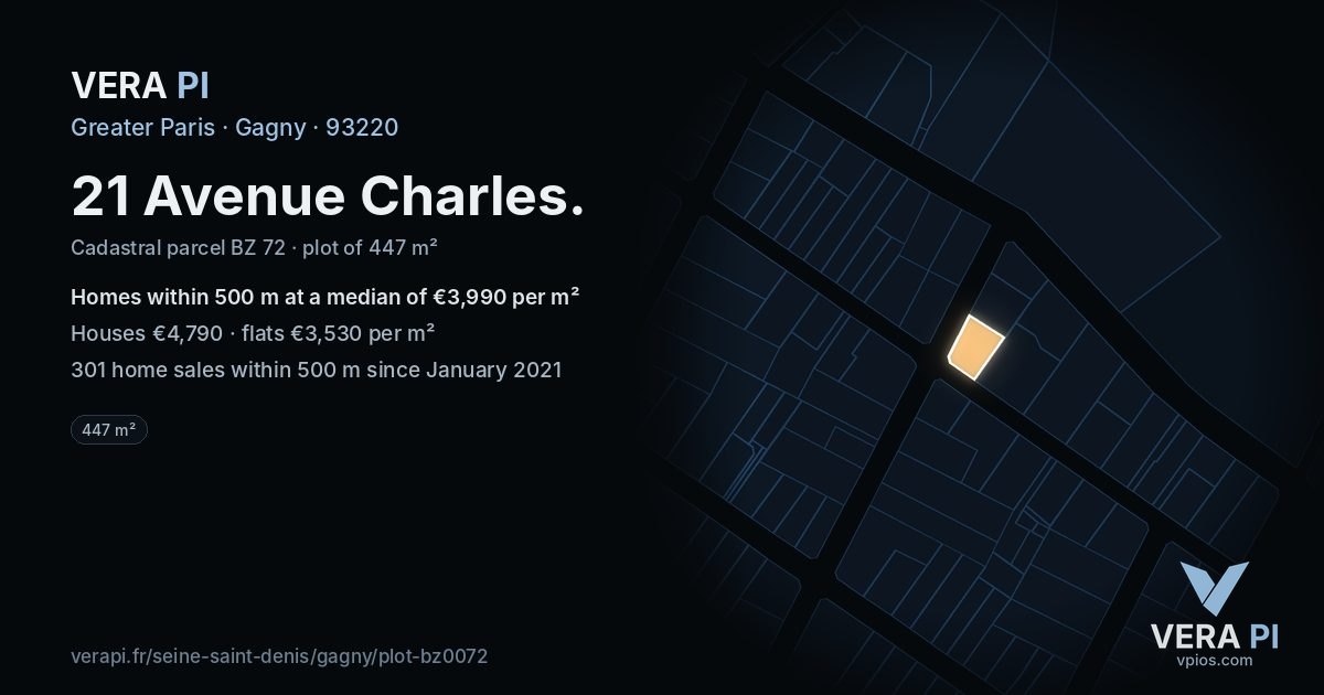 21 Avenue Charles, Gagny at night – the plot lit, the parcels around coloured by the prices near them