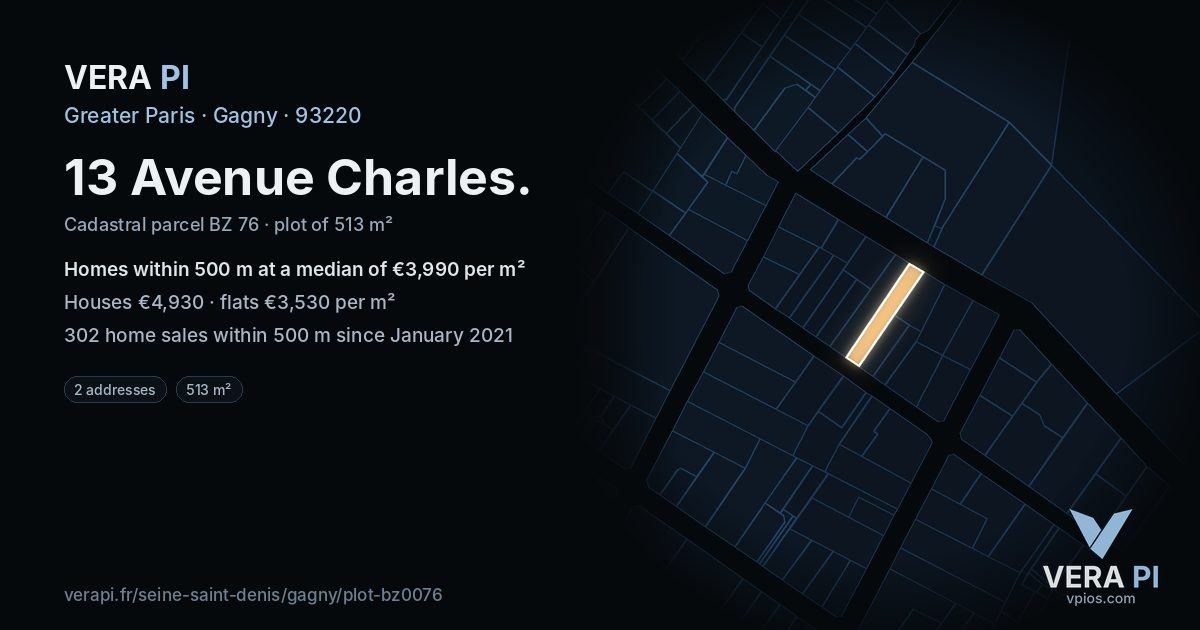 13 Avenue Charles, Gagny at night – the plot lit, the parcels around coloured by the prices near them