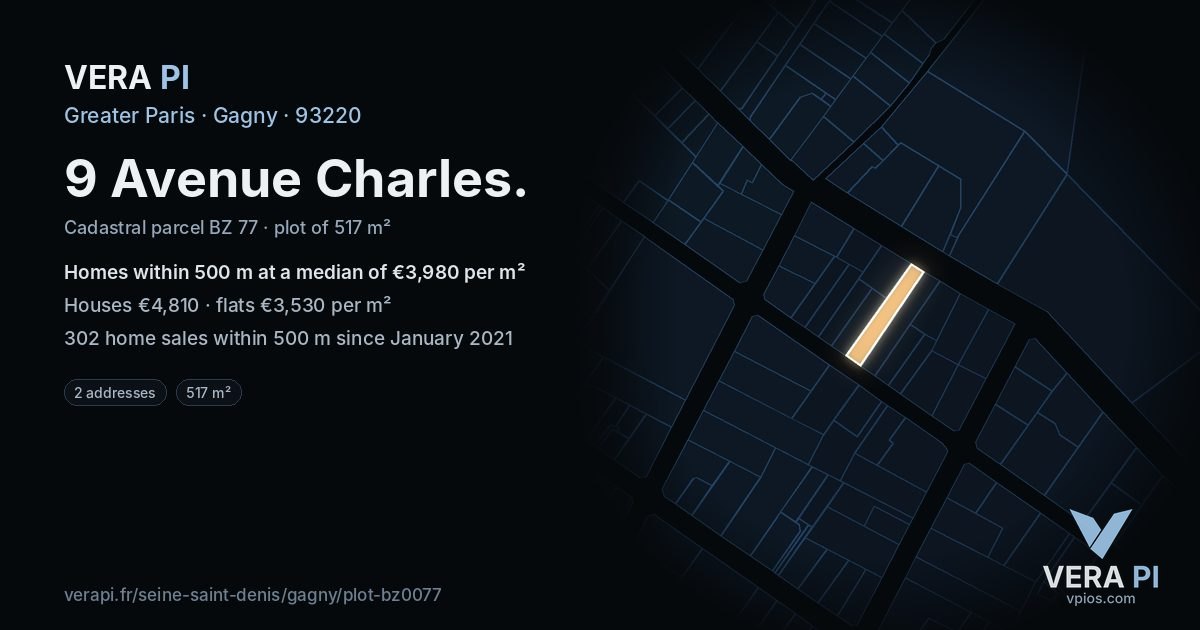 9 Avenue Charles, Gagny at night – the plot lit, the parcels around coloured by the prices near them