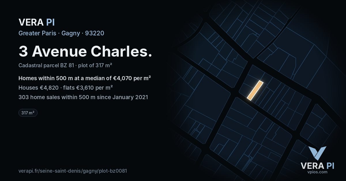 3 Avenue Charles, Gagny at night – the plot lit, the parcels around coloured by the prices near them