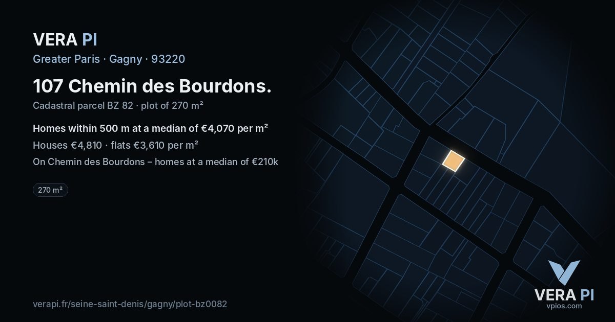 107 Chemin des Bourdons, Gagny at night – the plot lit, the parcels around coloured by the prices near them