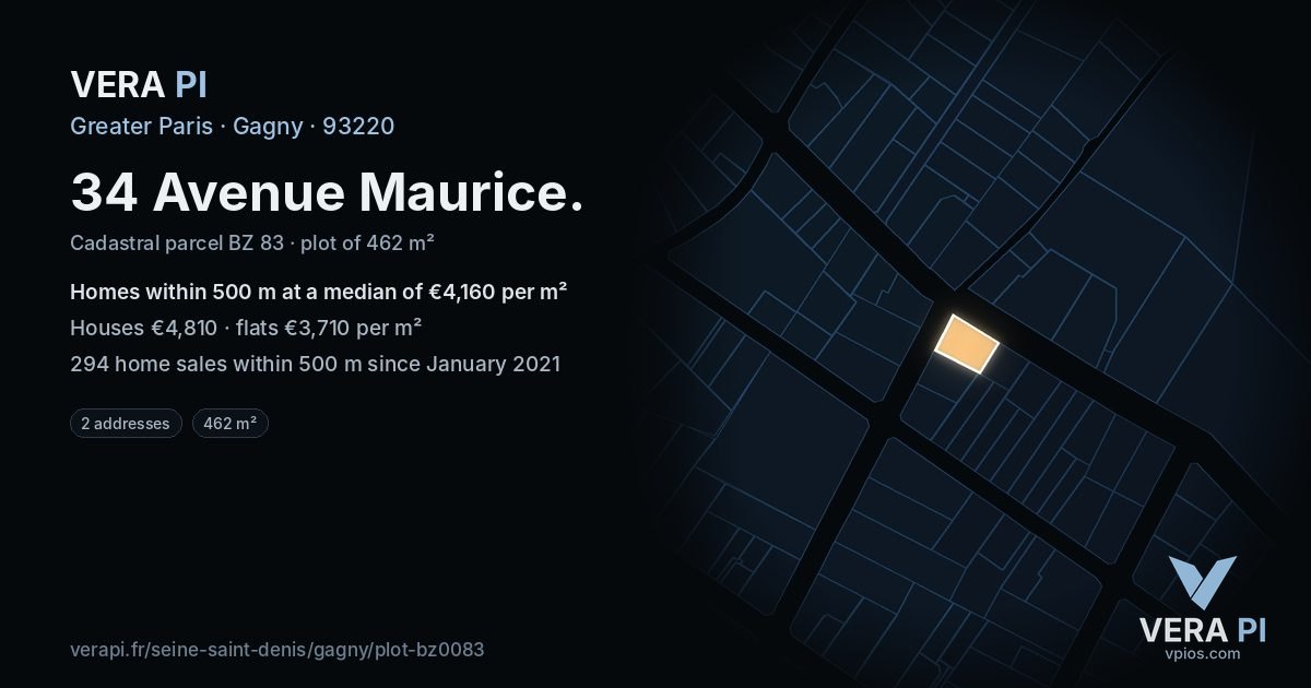 34 Avenue Maurice, Gagny at night – the plot lit, the parcels around coloured by the prices near them