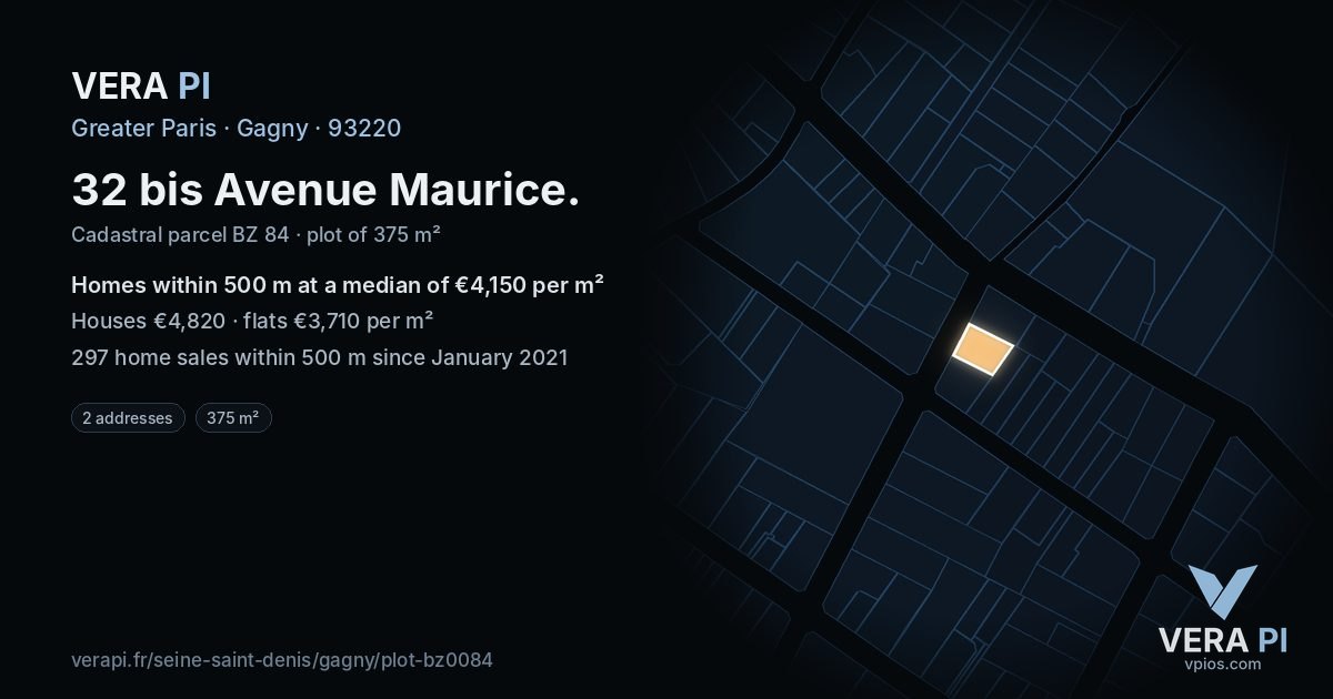 32 bis Avenue Maurice, Gagny at night – the plot lit, the parcels around coloured by the prices near them