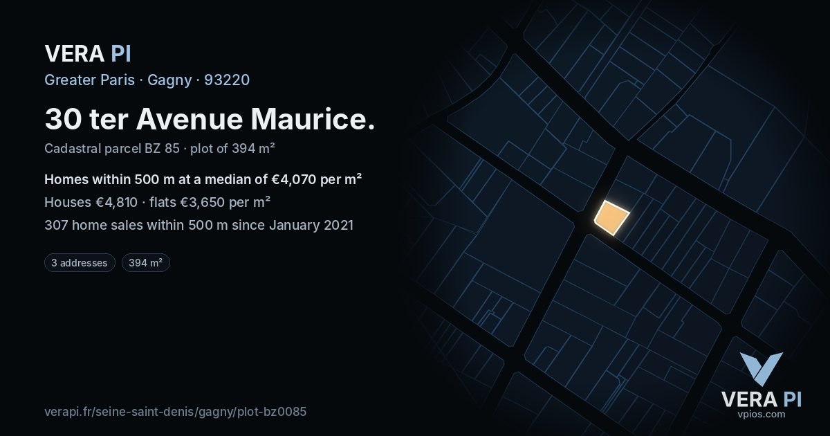30 ter Avenue Maurice, Gagny at night – the plot lit, the parcels around coloured by the prices near them