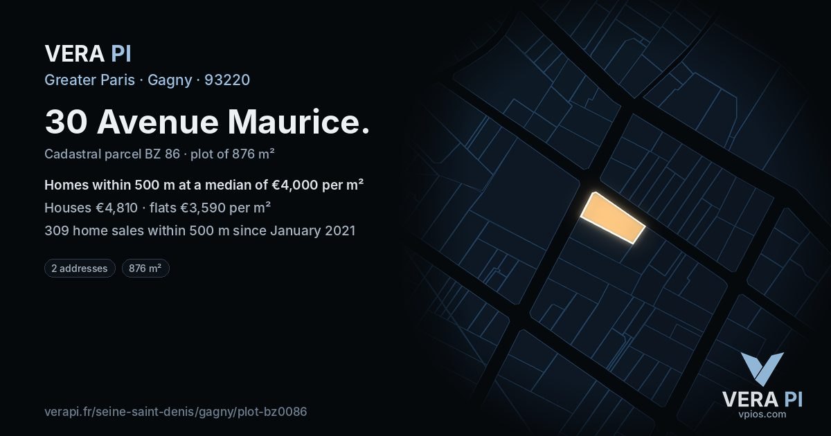 30 Avenue Maurice, Gagny at night – the plot lit, the parcels around coloured by the prices near them