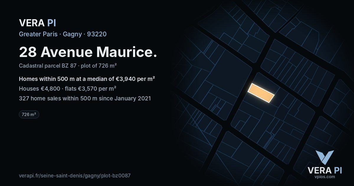 28 Avenue Maurice, Gagny at night – the plot lit, the parcels around coloured by the prices near them
