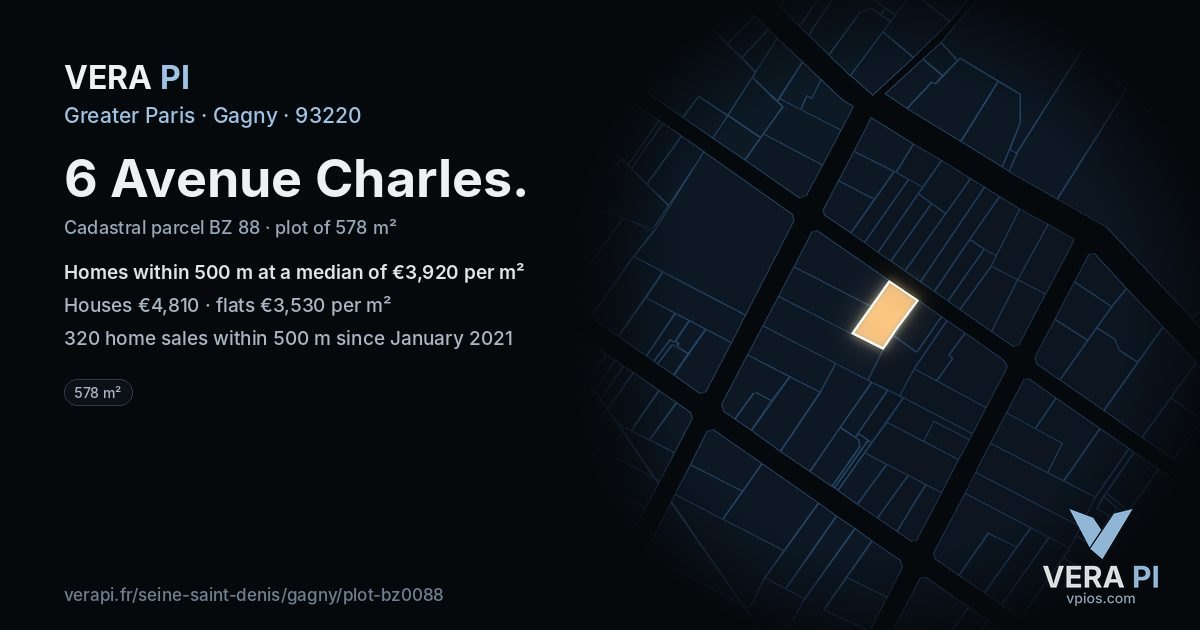 6 Avenue Charles, Gagny at night – the plot lit, the parcels around coloured by the prices near them