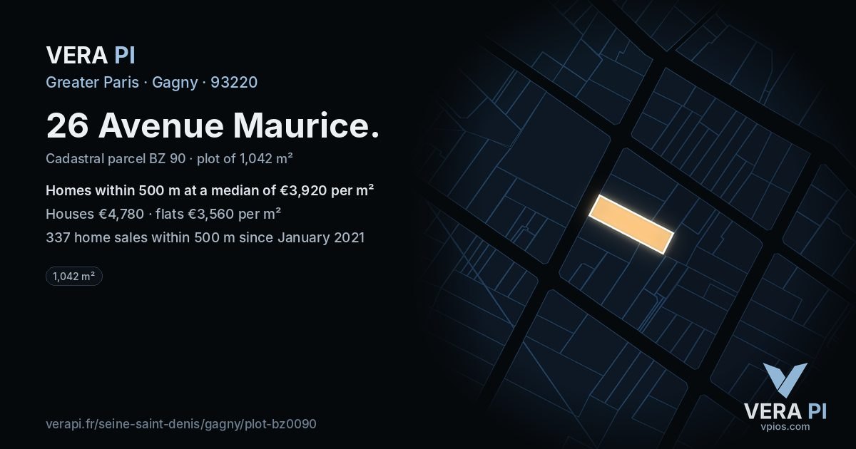 26 Avenue Maurice, Gagny at night – the plot lit, the parcels around coloured by the prices near them