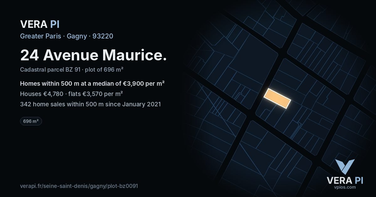 24 Avenue Maurice, Gagny at night – the plot lit, the parcels around coloured by the prices near them