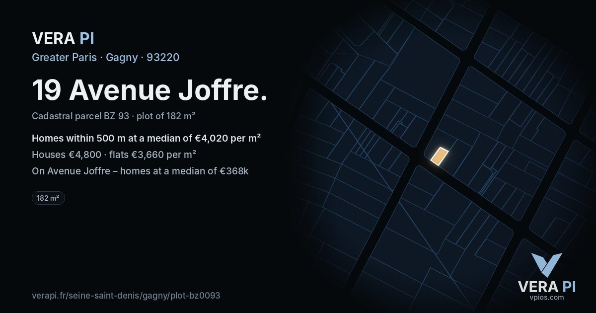 19 Avenue Joffre, Gagny at night – the plot lit, the parcels around coloured by the prices near them