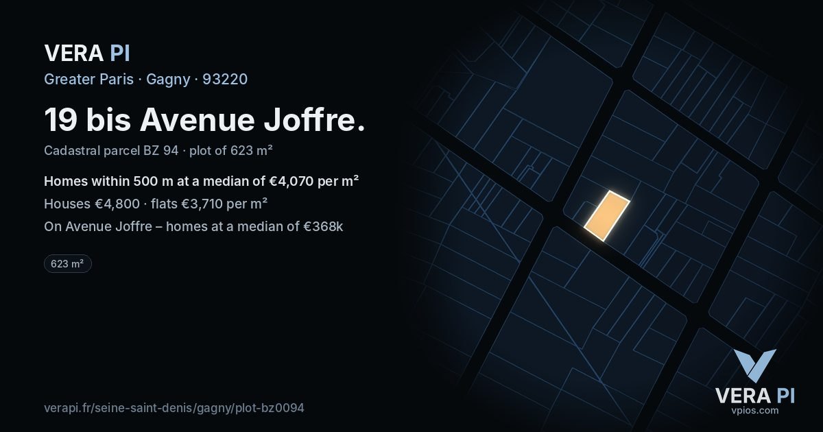19 bis Avenue Joffre, Gagny at night – the plot lit, the parcels around coloured by the prices near them