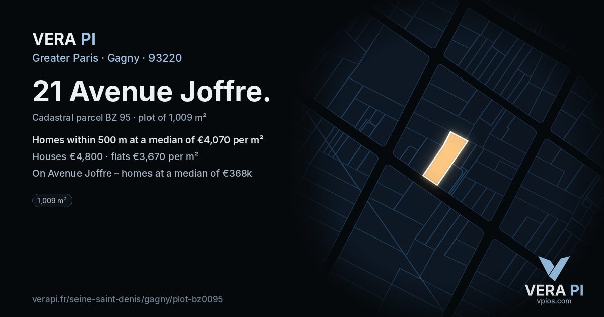 21 Avenue Joffre, Gagny at night – the plot lit, the parcels around coloured by the prices near them