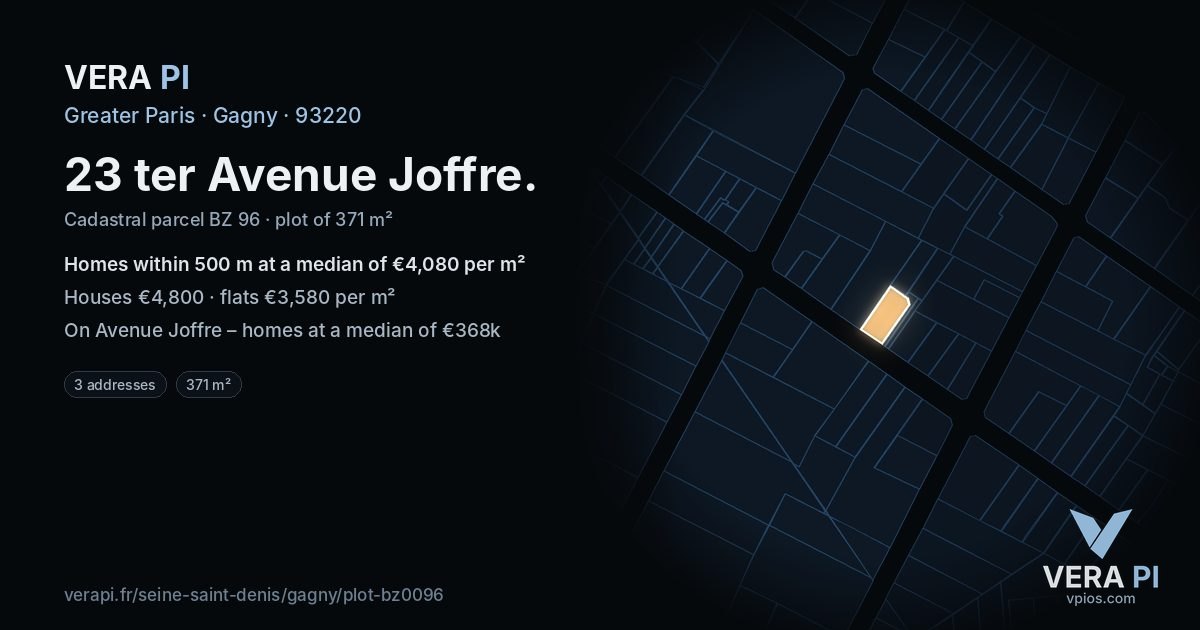 23 ter Avenue Joffre, Gagny at night – the plot lit, the parcels around coloured by the prices near them