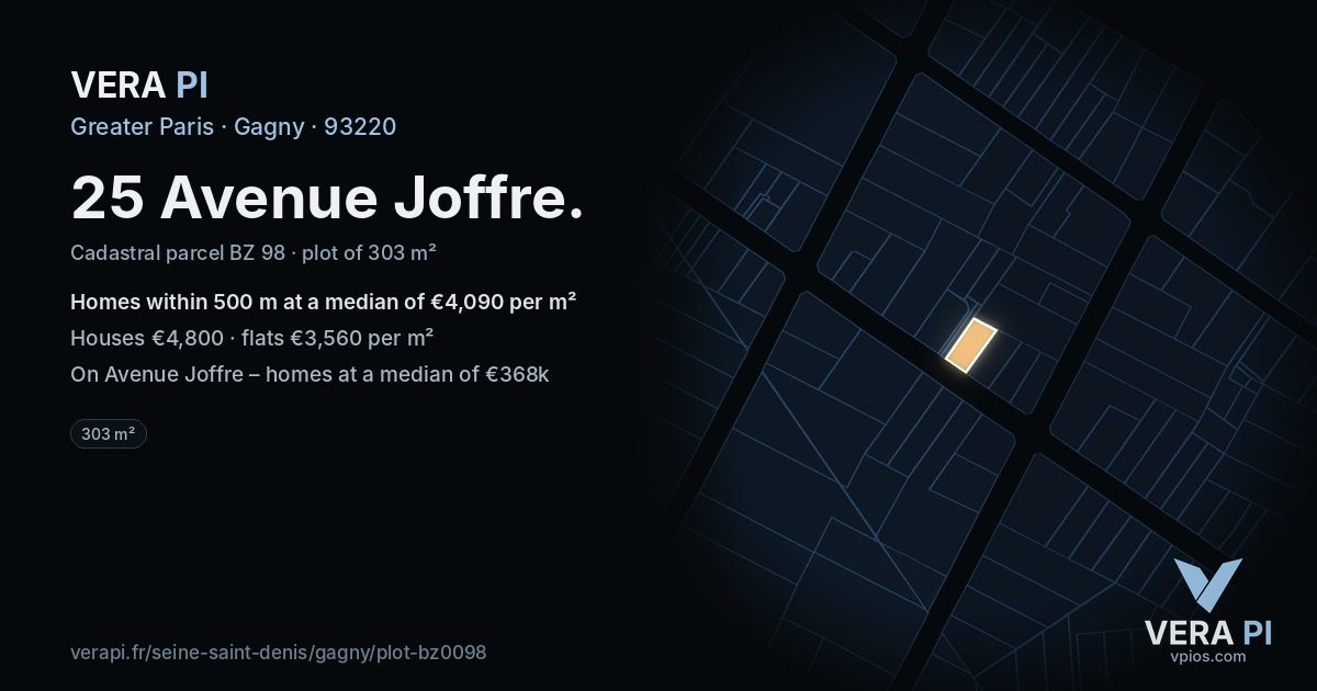 25 Avenue Joffre, Gagny at night – the plot lit, the parcels around coloured by the prices near them