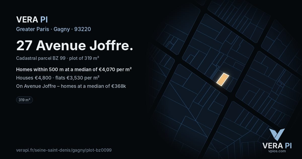 27 Avenue Joffre, Gagny at night – the plot lit, the parcels around coloured by the prices near them