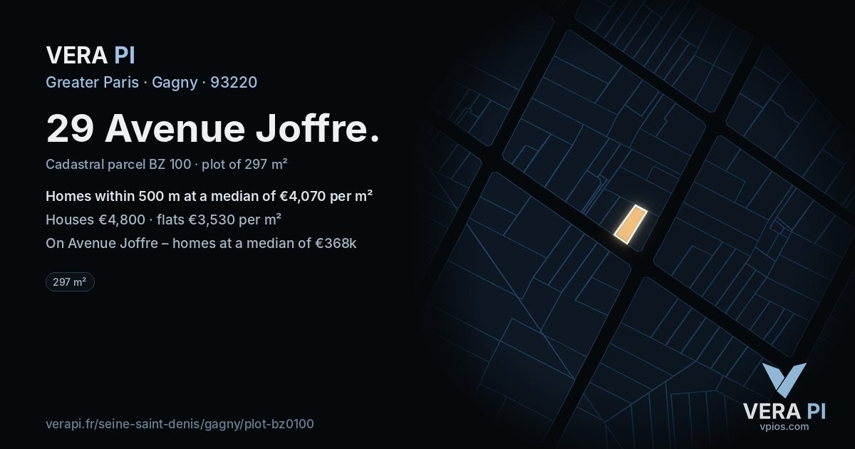 29 Avenue Joffre, Gagny at night – the plot lit, the parcels around coloured by the prices near them