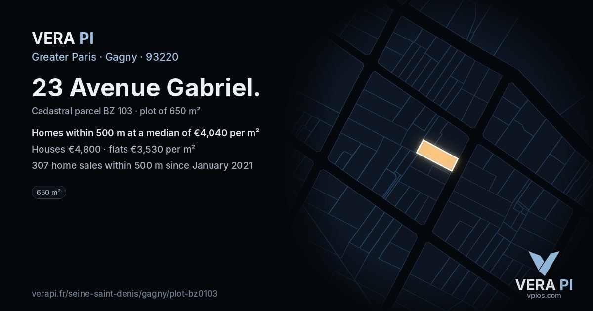 23 Avenue Gabriel, Gagny at night – the plot lit, the parcels around coloured by the prices near them