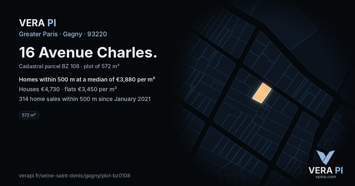16 Avenue Charles, Gagny at night – the plot lit, the parcels around coloured by the prices near them