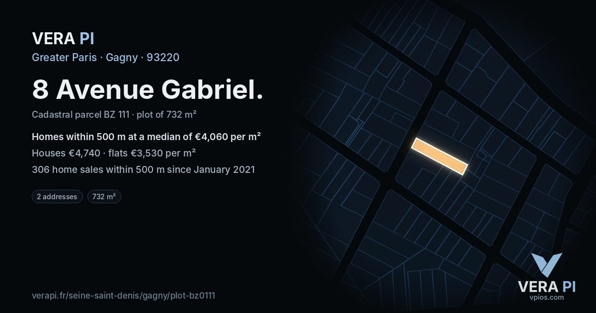 8 Avenue Gabriel, Gagny at night – the plot lit, the parcels around coloured by the prices near them