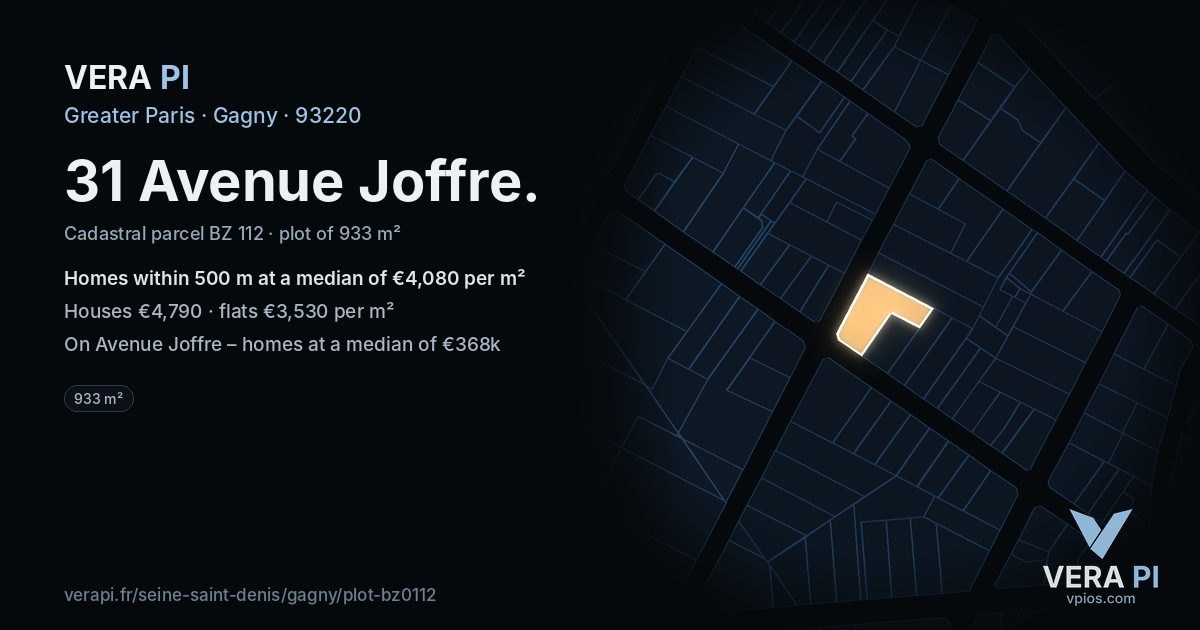 31 Avenue Joffre, Gagny at night – the plot lit, the parcels around coloured by the prices near them
