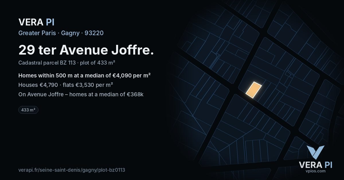 29 ter Avenue Joffre, Gagny at night – the plot lit, the parcels around coloured by the prices near them