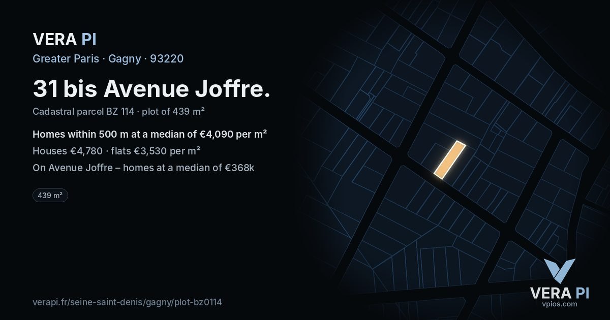 31 bis Avenue Joffre, Gagny at night – the plot lit, the parcels around coloured by the prices near them