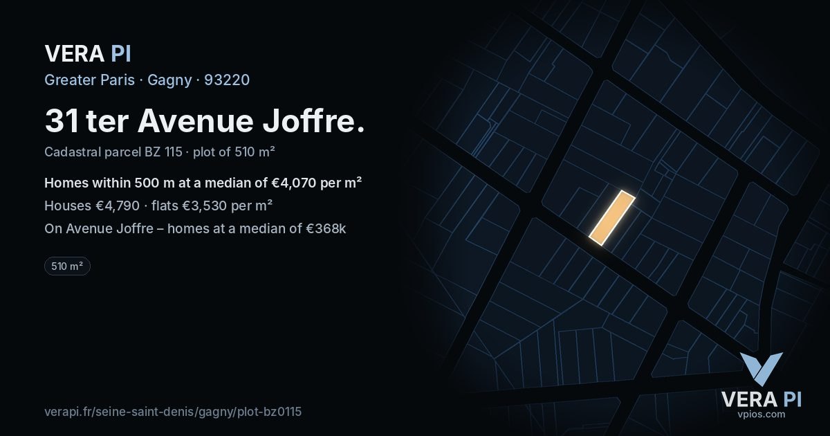 31 ter Avenue Joffre, Gagny at night – the plot lit, the parcels around coloured by the prices near them