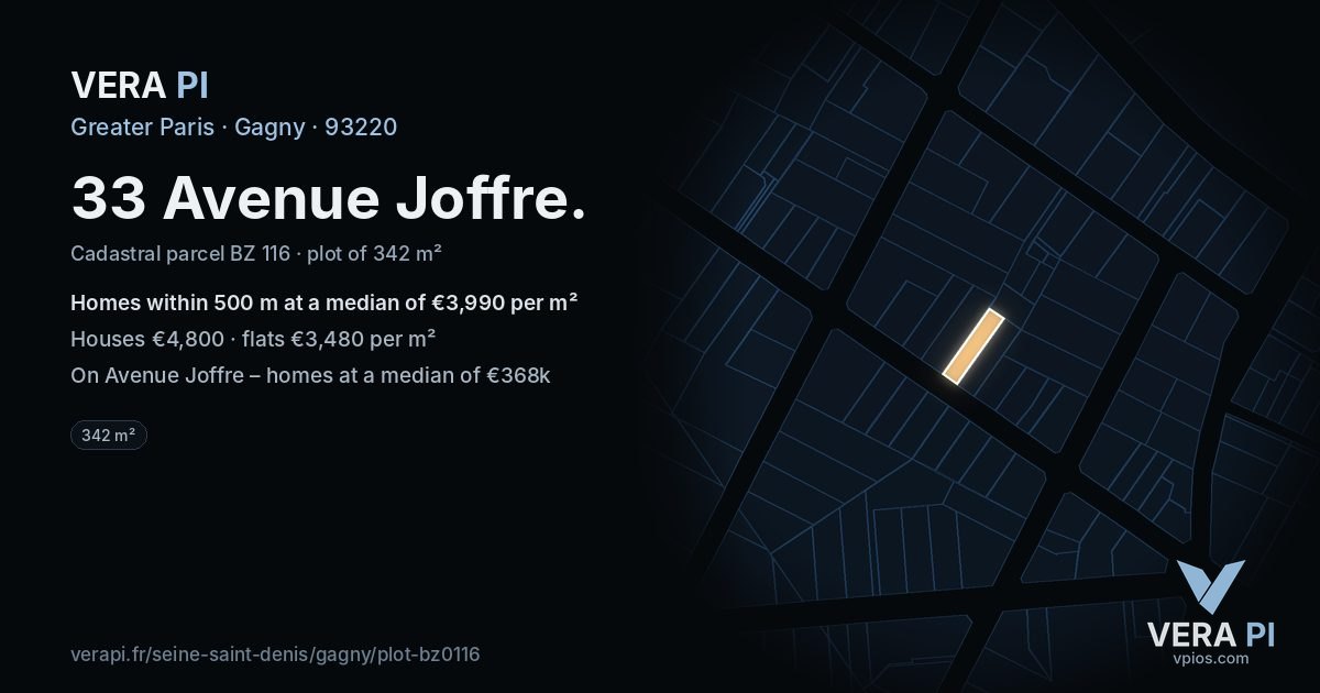 33 Avenue Joffre, Gagny at night – the plot lit, the parcels around coloured by the prices near them