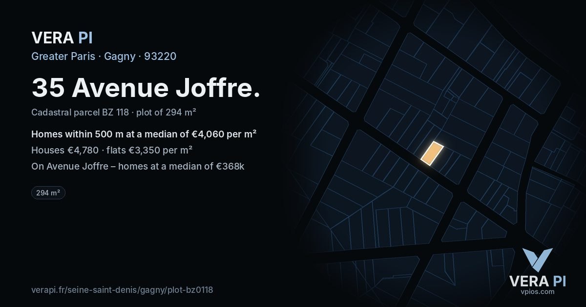 35 Avenue Joffre, Gagny at night – the plot lit, the parcels around coloured by the prices near them