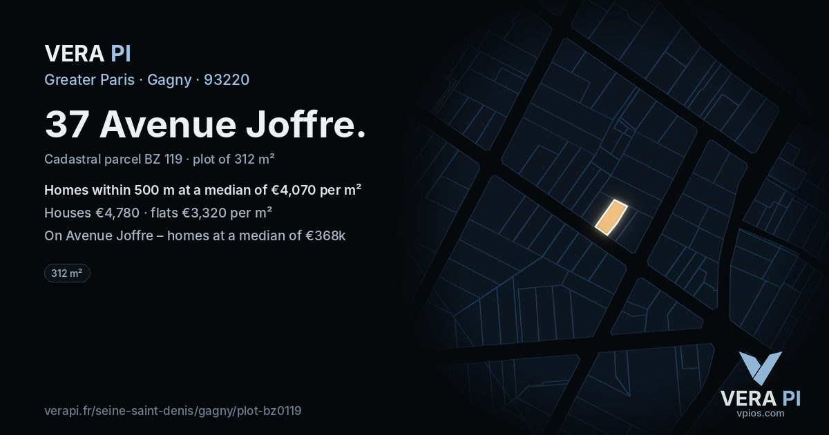 37 Avenue Joffre, Gagny at night – the plot lit, the parcels around coloured by the prices near them