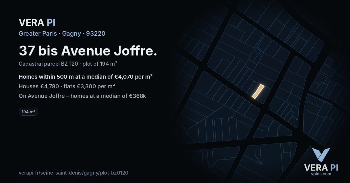 37 bis Avenue Joffre, Gagny at night – the plot lit, the parcels around coloured by the prices near them