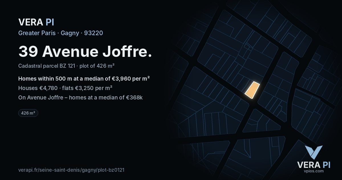 39 Avenue Joffre, Gagny at night – the plot lit, the parcels around coloured by the prices near them