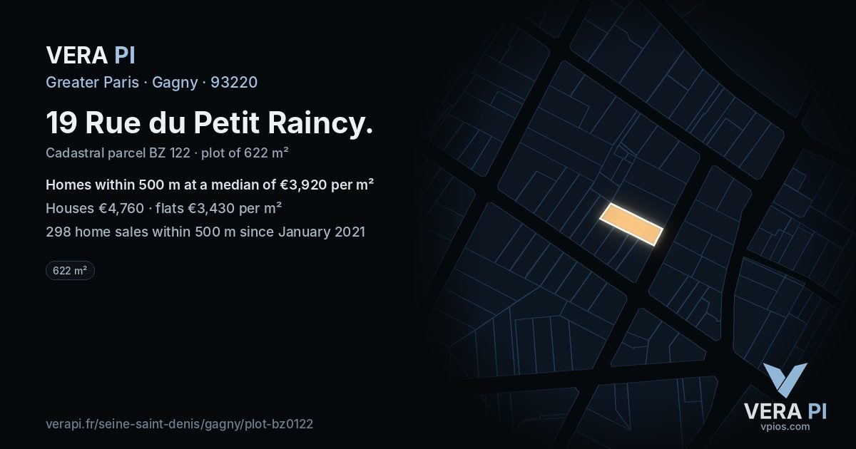 19 Rue du Petit Raincy, Gagny at night – the plot lit, the parcels around coloured by the prices near them