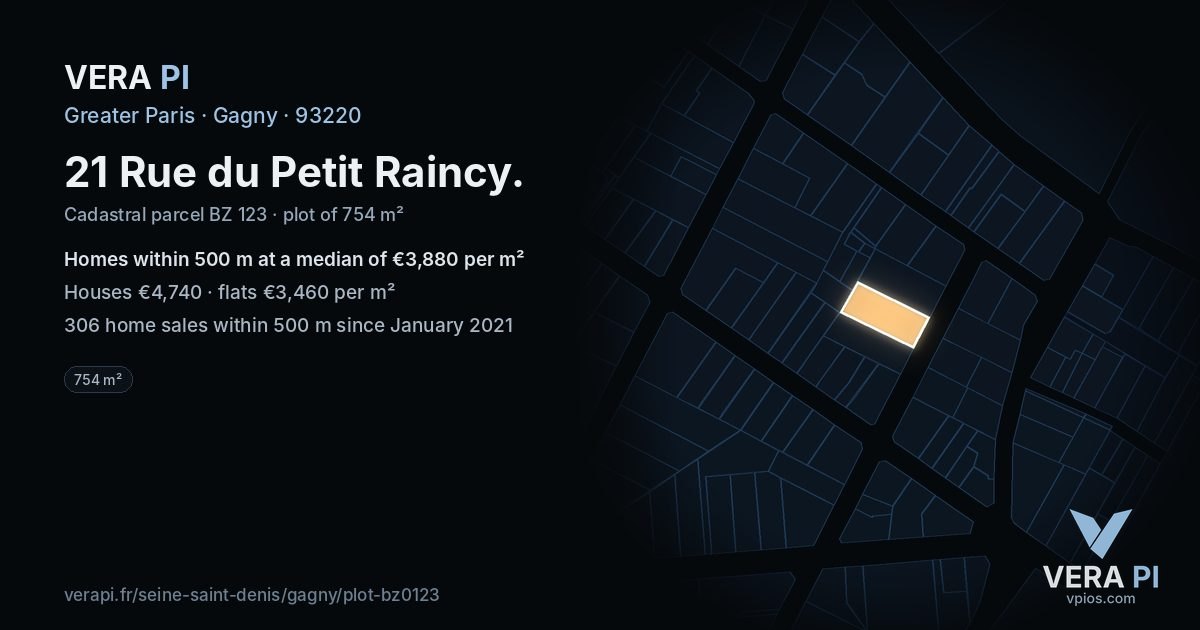 21 Rue du Petit Raincy, Gagny at night – the plot lit, the parcels around coloured by the prices near them