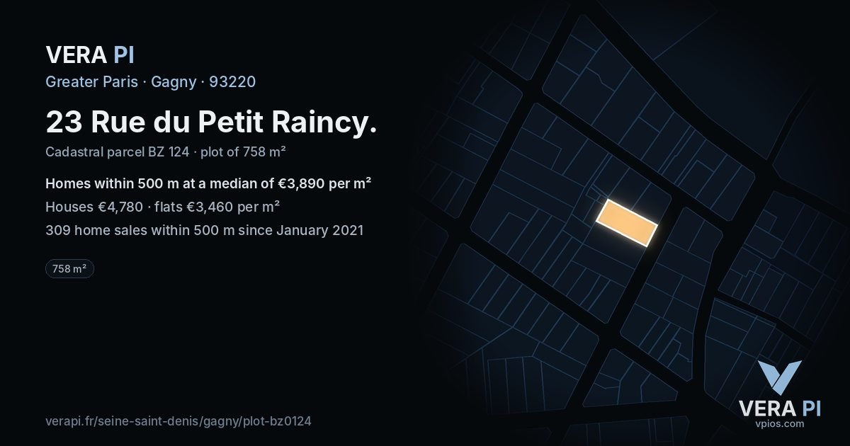 23 Rue du Petit Raincy, Gagny at night – the plot lit, the parcels around coloured by the prices near them