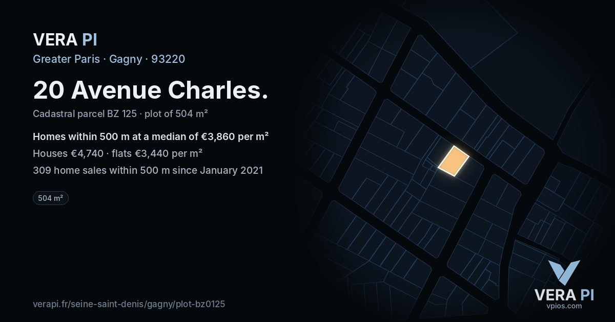 20 Avenue Charles, Gagny at night – the plot lit, the parcels around coloured by the prices near them