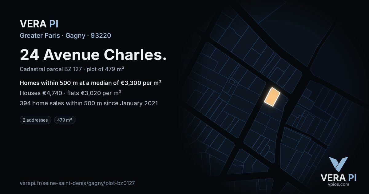 24 Avenue Charles, Gagny at night – the plot lit, the parcels around coloured by the prices near them