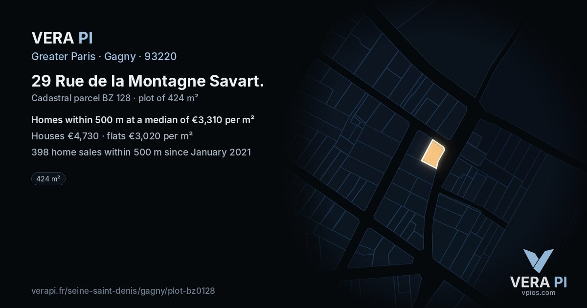 29 Rue de la Montagne Savart, Gagny at night – the plot lit, the parcels around coloured by the prices near them
