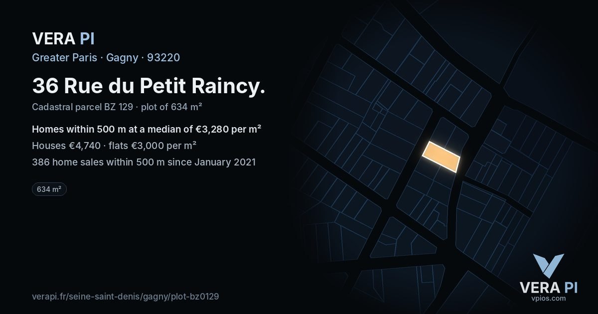 36 Rue du Petit Raincy, Gagny at night – the plot lit, the parcels around coloured by the prices near them