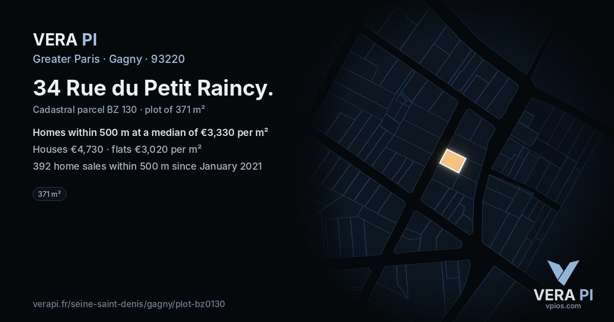 34 Rue du Petit Raincy, Gagny at night – the plot lit, the parcels around coloured by the prices near them
