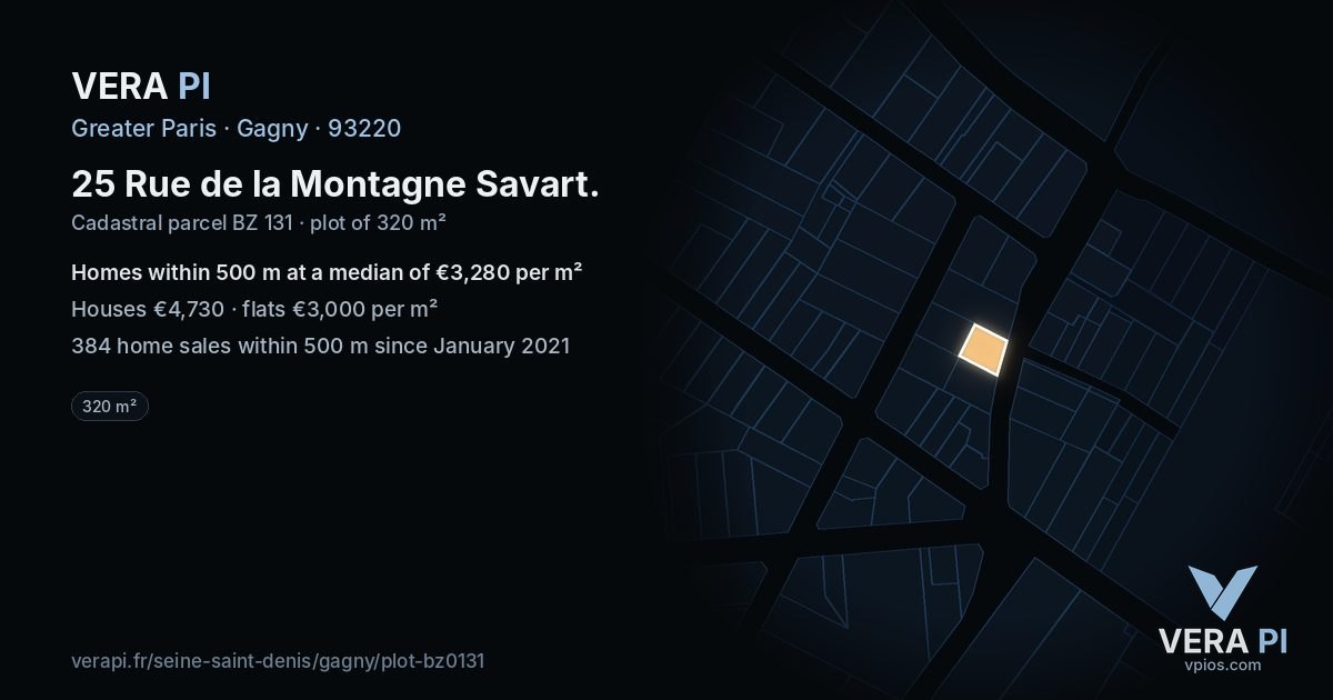 25 Rue de la Montagne Savart, Gagny at night – the plot lit, the parcels around coloured by the prices near them