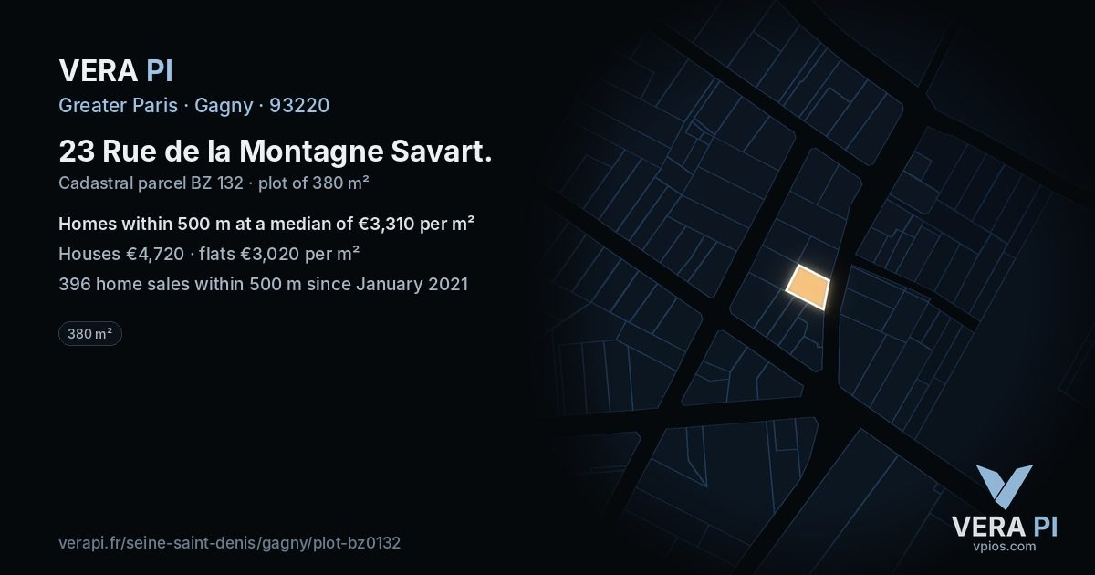 23 Rue de la Montagne Savart, Gagny at night – the plot lit, the parcels around coloured by the prices near them