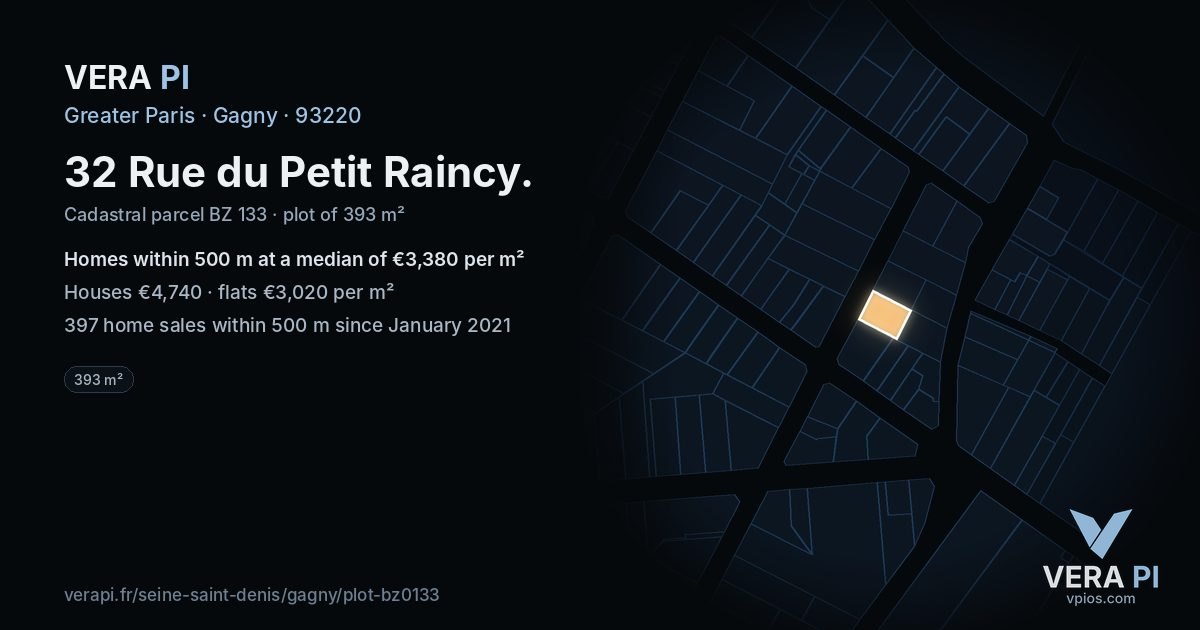 32 Rue du Petit Raincy, Gagny at night – the plot lit, the parcels around coloured by the prices near them