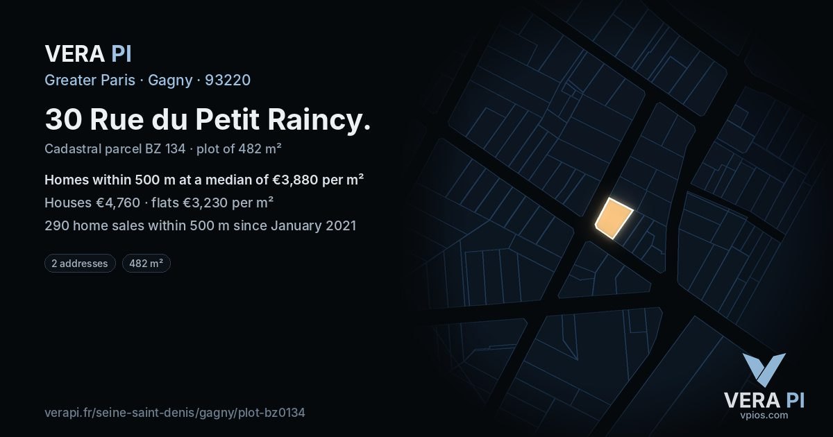 30 Rue du Petit Raincy, Gagny at night – the plot lit, the parcels around coloured by the prices near them