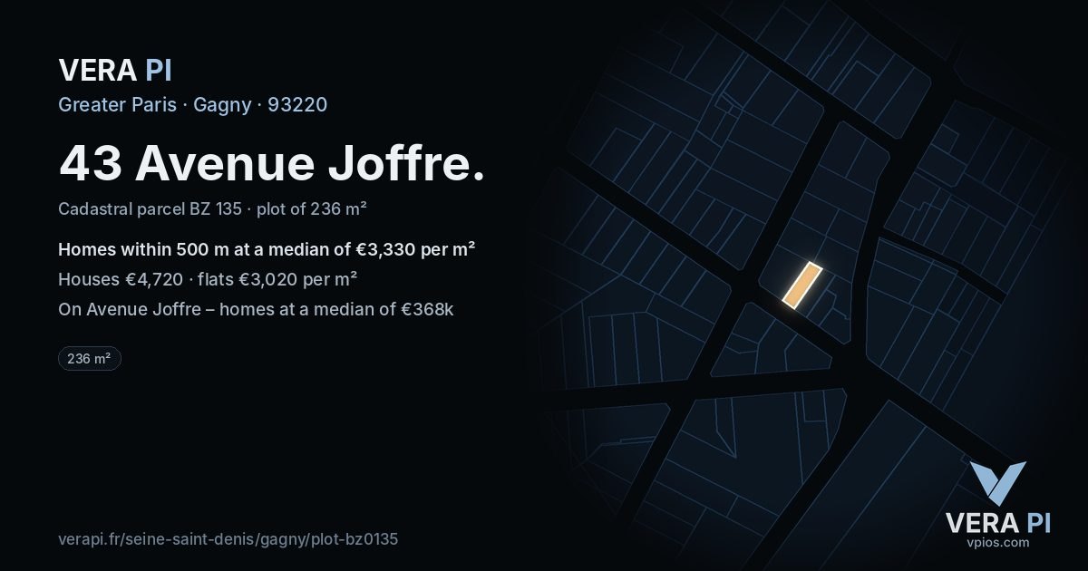 43 Avenue Joffre, Gagny at night – the plot lit, the parcels around coloured by the prices near them