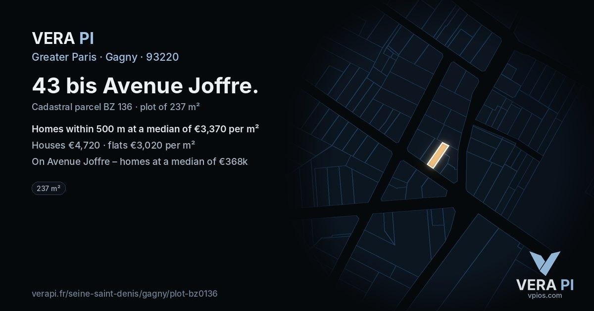 43 bis Avenue Joffre, Gagny at night – the plot lit, the parcels around coloured by the prices near them
