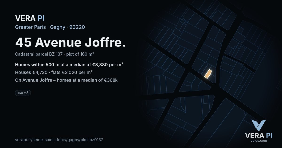 45 Avenue Joffre, Gagny at night – the plot lit, the parcels around coloured by the prices near them