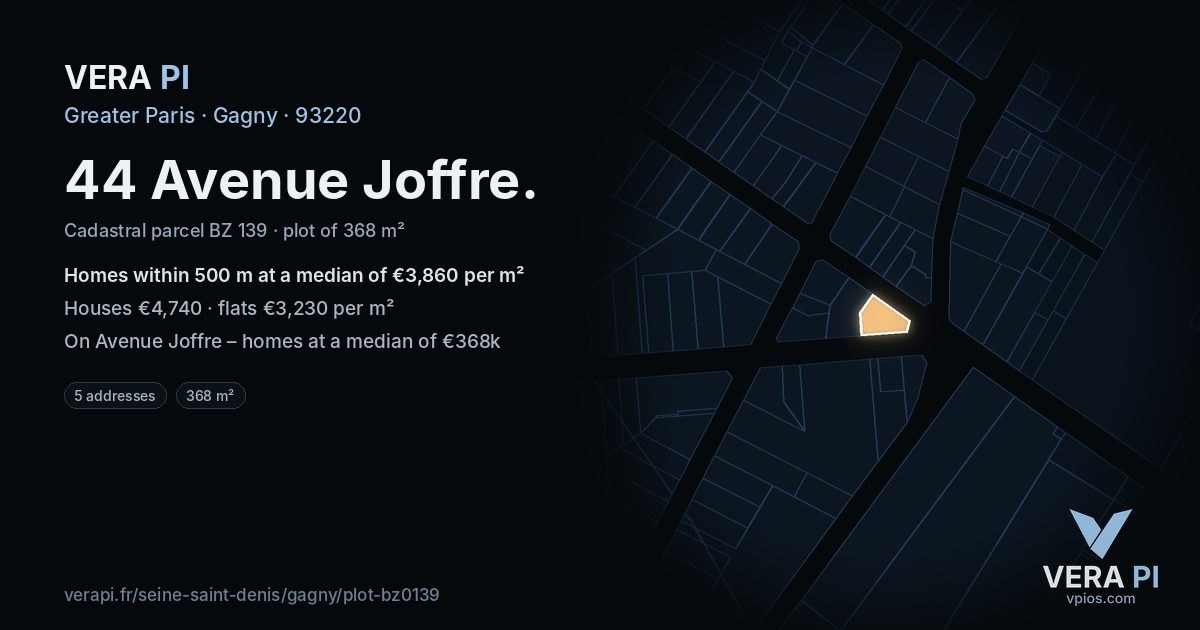 44 Avenue Joffre, Gagny at night – the plot lit, the parcels around coloured by the prices near them