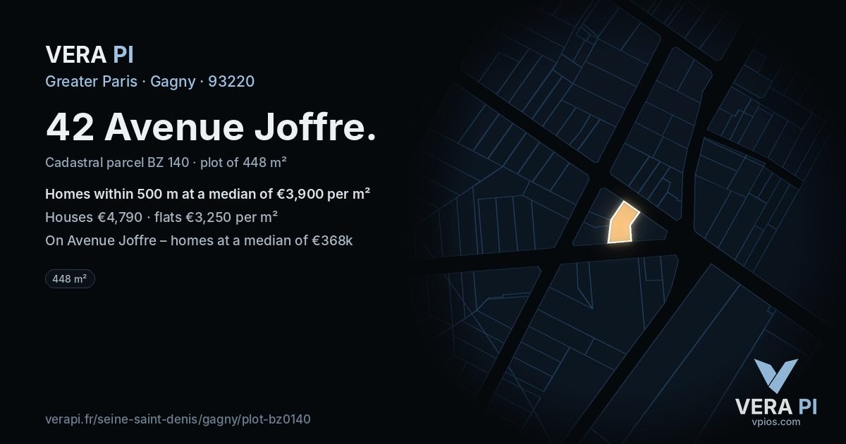 42 Avenue Joffre, Gagny at night – the plot lit, the parcels around coloured by the prices near them