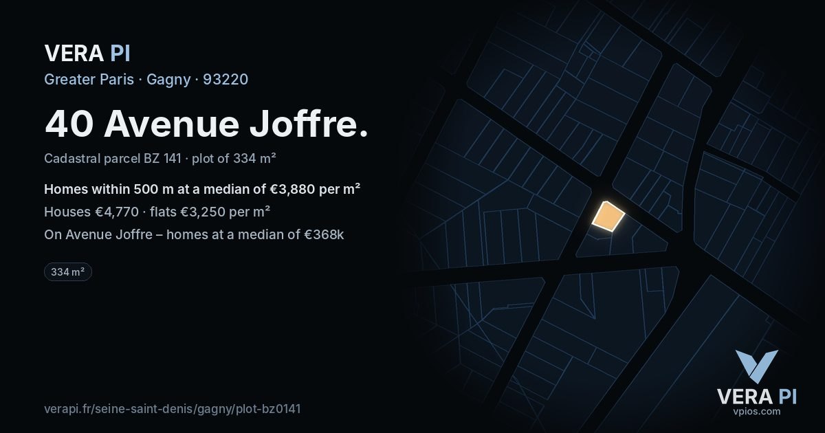 40 Avenue Joffre, Gagny at night – the plot lit, the parcels around coloured by the prices near them